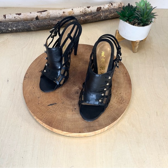 L.A.M.B. | Black Leather Studded Caged Heels Size 5.5 - Picture 7 of 16